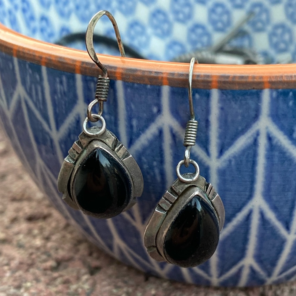 Navajo Signed Onyx Sterling Drop Earrings